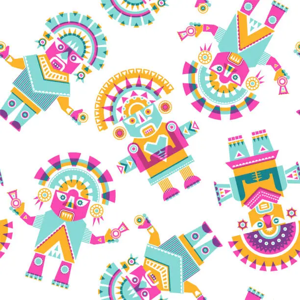 Vector illustration of Risograph style Inca ceremonial sculptures. Seamless background pattern