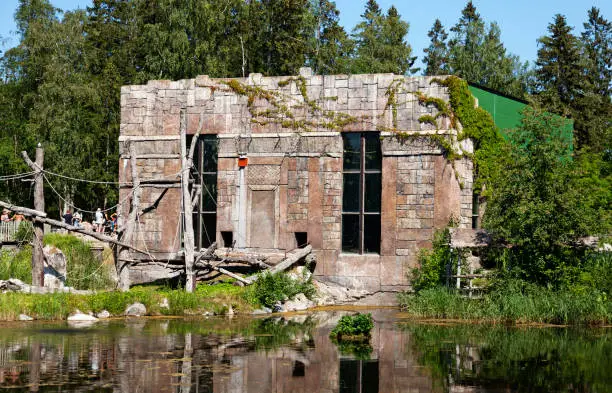 Furuvik, Norrland Sweden - June 12, 2021: a jungle house for monkeys with water all around