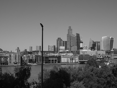 City of London skyline in black and white in London, UK