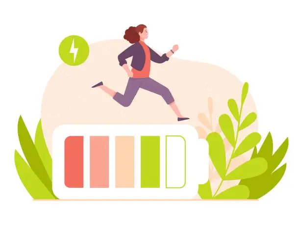 Vector illustration of Vital energy charge. Active girl activate recharging vitality battery, healthy body level boost concept, tiredness woman business worker
