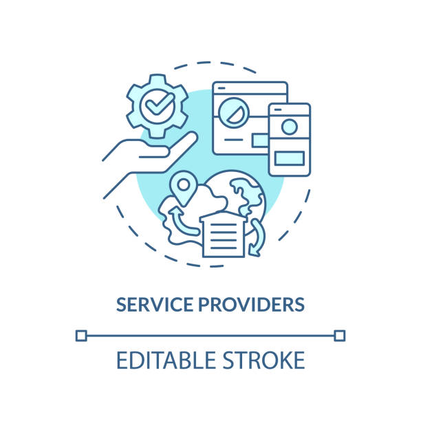 2D customizable service providers blue icon concept 2D editable service providers thin line icon concept, isolated vector, blue illustration representing vendor management. supplier relationship management stock illustrations