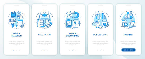 Walkthrough vendor management with blue line icons concept 2D icons representing vendor management mobile app screen set. Walkthrough 5 steps blue graphic instructions with linear icons concept, UI, UX, GUI template. supplier relationship management stock illustrations