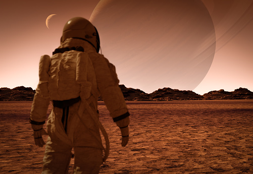 Astronauts on alien planet, 3D illustration