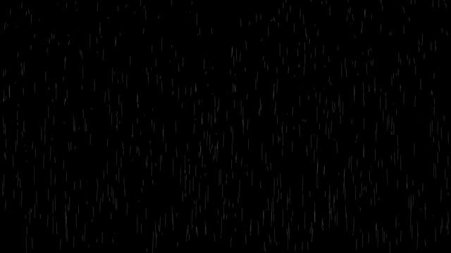 4K Cinematic Realistic rainfall animation overlay background in alpha luma matte. Heavy rain storm seamless loop animation. Surreal raindrops falling thunderstorm overlay. Raindrops on black bg.