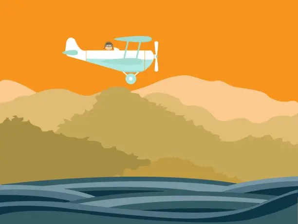 Vector illustration of Flying Airplane over sea and mountains stock illustration