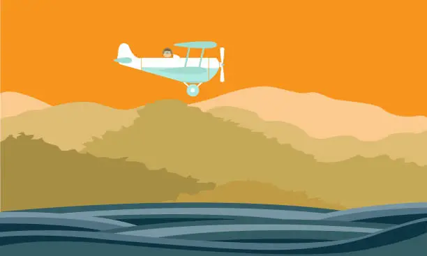 Vector illustration of Flying Airplane over sea and mountains stock illustration