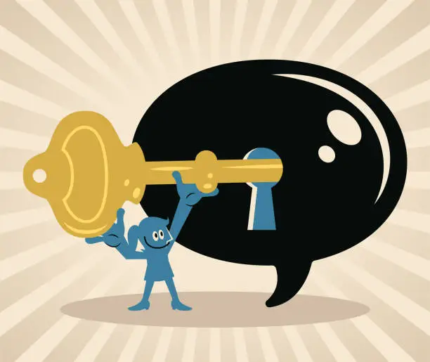 Vector illustration of A smiling woman inserts a golden key into the keyhole of a large chat bubble to unlock the secrets of communication or protect the privacy of a conversation