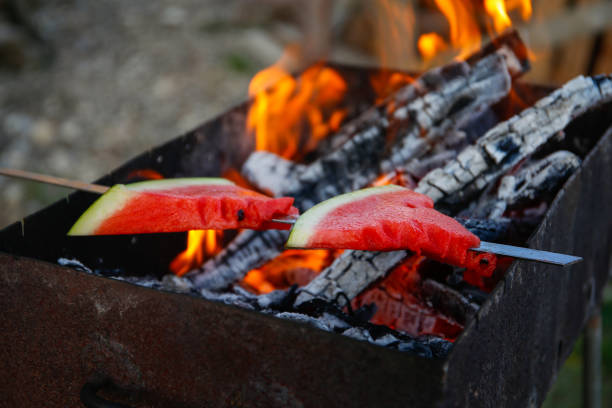 istock Watermelon on a skewer is fried on a fire. 1620413158