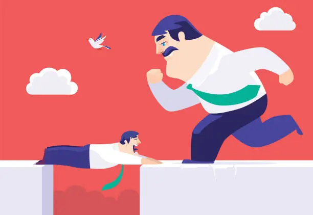 Vector illustration of businessman lying over gap while boss running