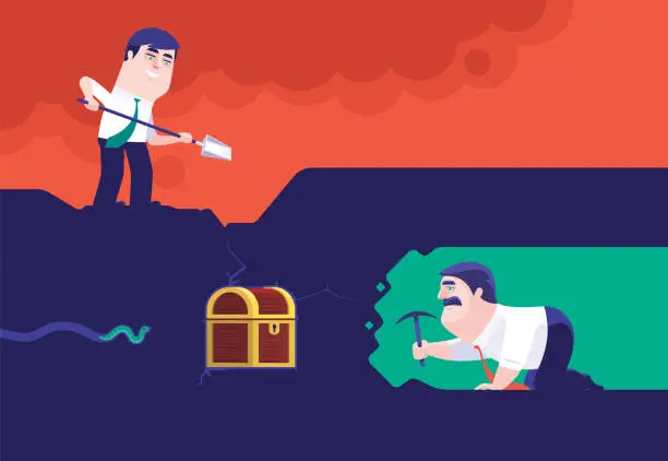 Vector illustration of two businessmen digging and searching for treasure chest