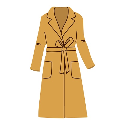 Isolated brown female classic coat with waist in flat style on white background. Warm clothes