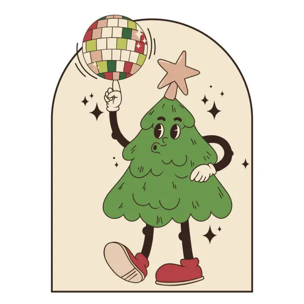 Vector illustration of groovy christmas tree with disco ball