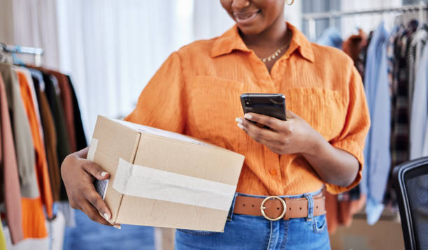 istock Phone, hands or woman with box for delivery, shipping post or package in ecommerce logistics office. Online sale, stock or business owner with product label or store order for cargo courier service 1620459902