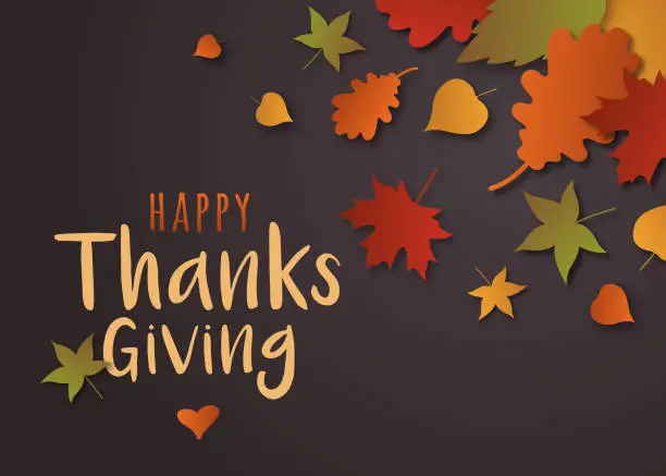 Vector illustration of Happy Thanksgiving card with leaves.