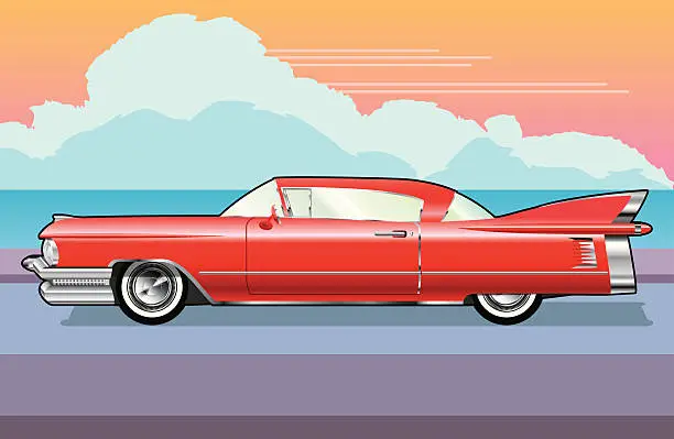 Vector illustration of Red Cadillac by the sea