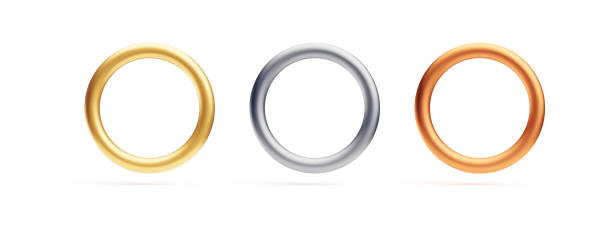 istock Set of golden, silver, copper rings, 3d jewelry accessories 1620473681