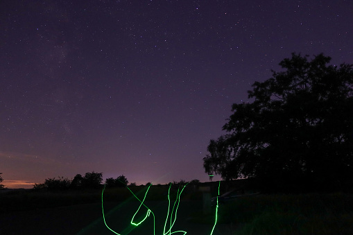 Night photo from Peak district with stars and lights by laser