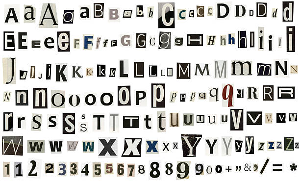 zeitung, zeitschrift alphabet mit zahlen und symbole - communication photography part of torn stock-fotos und bilder