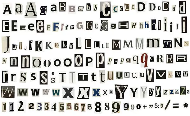 Newspaper magazine alphabet with numbers and symbols