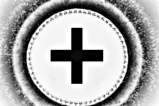 This black and white abstract graphic depicts a symbolic image of a black cross that illuminates the world with an aura of hope.