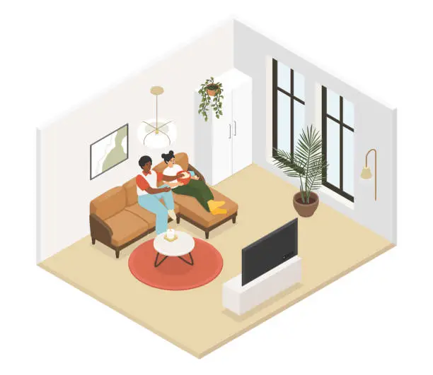 Vector illustration of Watch TV in the living room - vector colorful isometric illustration