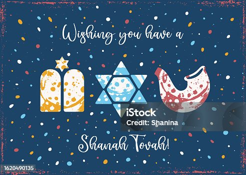 istock Splattered paint Rosh Hashanah greeting card - v2 -blue background 1620490135