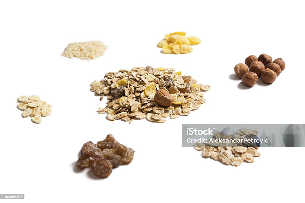 Los ingredientes de que están fabricados con muesli - Foto de stock de Alimento libre de derechos