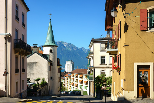 Medieval architecture of the old town in Montreux, Switzerland