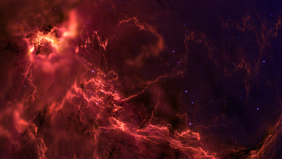 Abstract fractal art background of a dramatic fiery red nebula and stars in outer space.