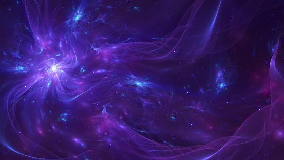 Abstract fractal art background banner which suggests spiral galaxies, wavy plasma trails and stars in space.