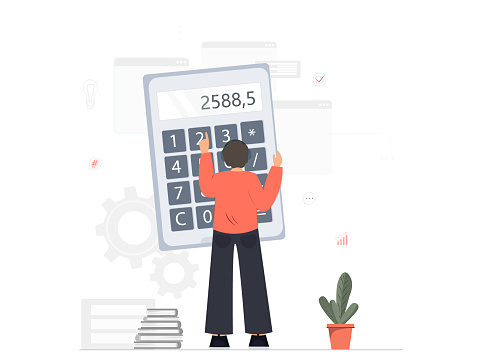 Person with big calculator, studying Mathematics, calculating of finances, taxes, audit, financial education, flat vector illustration