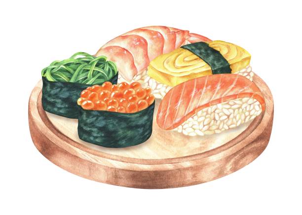 초밥 세트. 수채화 그림입니다. 연어, 계란, 새우, 캐비어를 곁들인 군칸, 추카 해초를 곁들인 수시. 일본 니기리 한 접시. 흰색 배경에 분리된 클립 아트입니다. 나무 접시에 음식 - sushi nigiri white background red stock illustrations