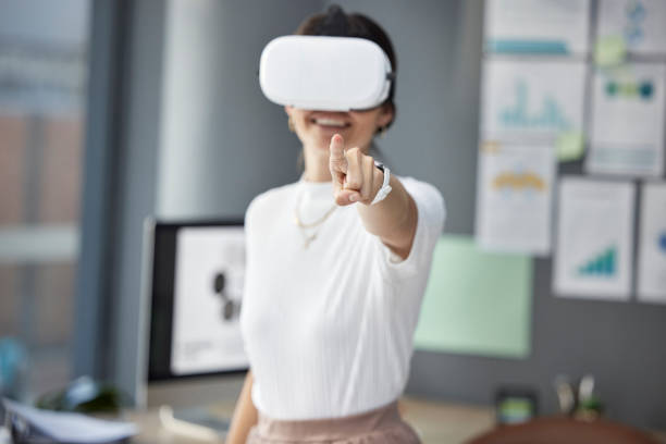 istock Pointing, overlay or woman developer with vr headset for web design project for website cybersecurity. 3d touch, digital or girl in virtual reality for future cloud computing at office in metaverse 1620534365