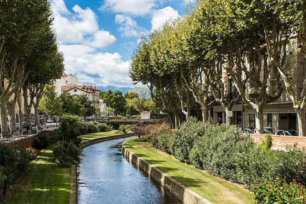 Picturesque view of Perpignan and its river in a sunny day. France.
