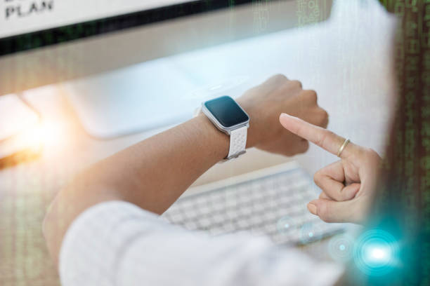 istock Smartwatch, screen and business woman for office management, workflow check and data mockup in overlay. Digital, clock app and professional person hands typing, reading and timer technology at desk 1620560905