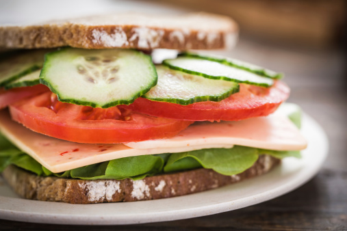 Cheese sandwich with fresh lettuce, cucumber and tomatoes