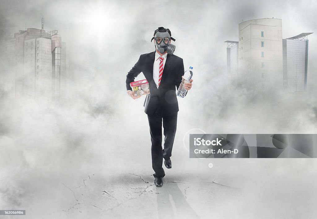 Business man with gas mask running, survival concept Abstract Stock Photo