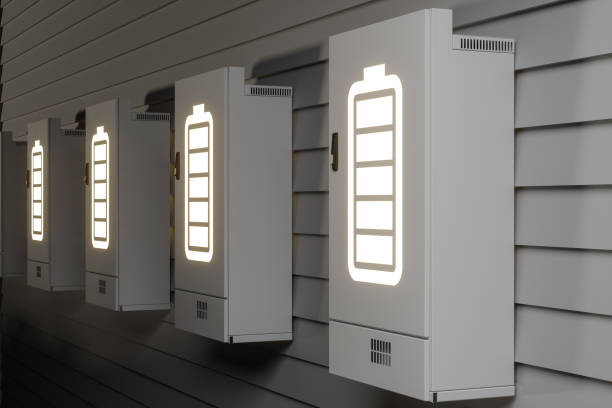 Close-up View Of Home Battery Storage System On Building Facade stock photo