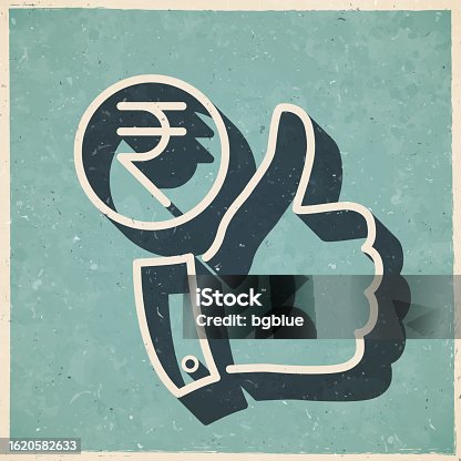 istock Indian rupee coin with thumbs up. Icon in retro vintage style - Old textured paper 1620582633