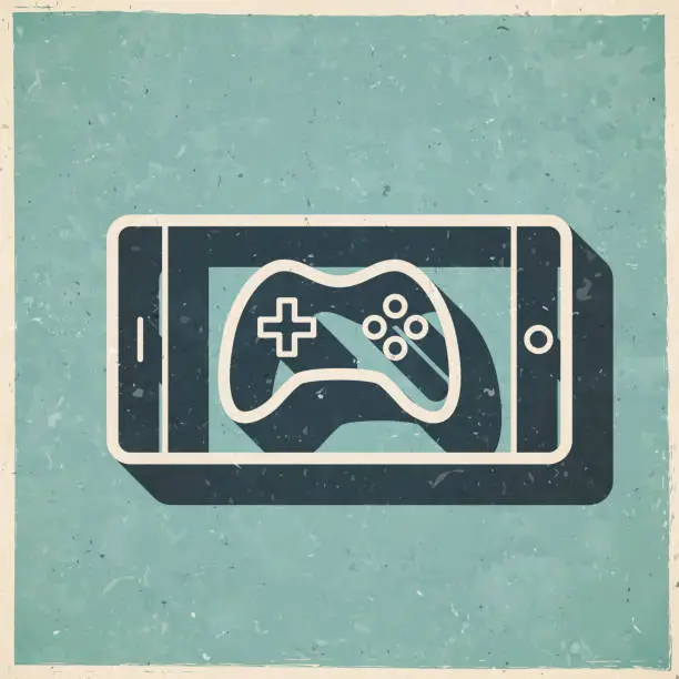Vector illustration of Video game on smartphone. Icon in retro vintage style - Old textured paper