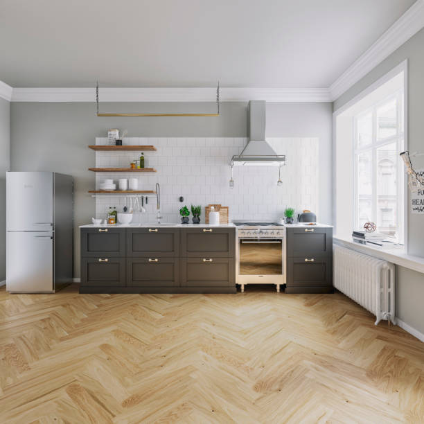 istock Classic elegant interior - a modern, but classic kitchen with a gray and white wall background, French-style windows - empty space for presenting furniture 1620589273