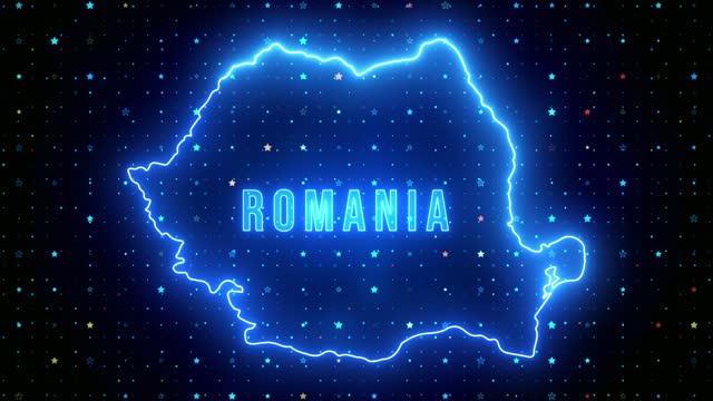 Futuristic Blue Shine Romania Outline Map And Label Text Glowing Neon Light Flare Motion Reveal With Stars Sparkle Grid