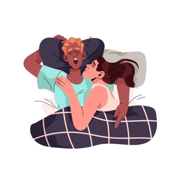 ilustraciones, imágenes clip art, dibujos animados e iconos de stock de linda pareja duerme en la cama. hombre dormido roncando, mujer somnolienta acostada con insomnio, vista superior. las personas se relajan, descansan y se acurrucan por la noche en relación. ilustración vectorial aislada plana sobre fondo blanco - couple love snoring sleeping