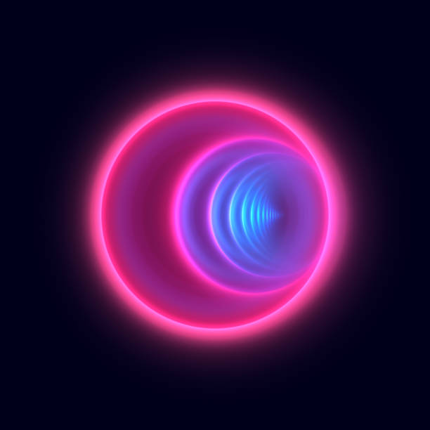 istock Neon tunnel, electromagnetic waves. Abstract fractal art background. Glowing circles, infinitely repeating pattern. 1620608501