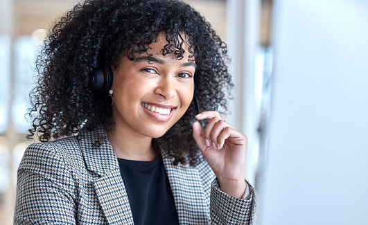 Call center, happy woman and portrait of consultant at computer for customer service, technical support or CRM. Female telemarketing agent at desktop for advice, sales consulting or telecom questions