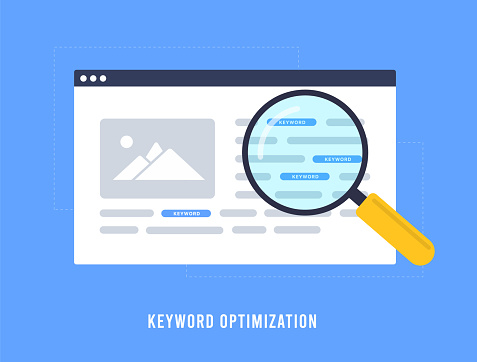 Keyword Optimization concept. Selection, research and analysis popular SEO search terms. Optimized web page with keywords in text. Vector isolated illustration on blue background with icons.