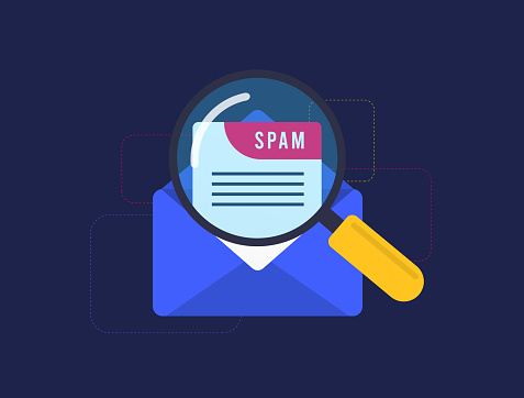 Email Spam vector icon. Unsolicited malicious e-mail envelope with warning message. Spam email message distribution, scam and fraud mail. Vector isolated illustration on black background with icons.