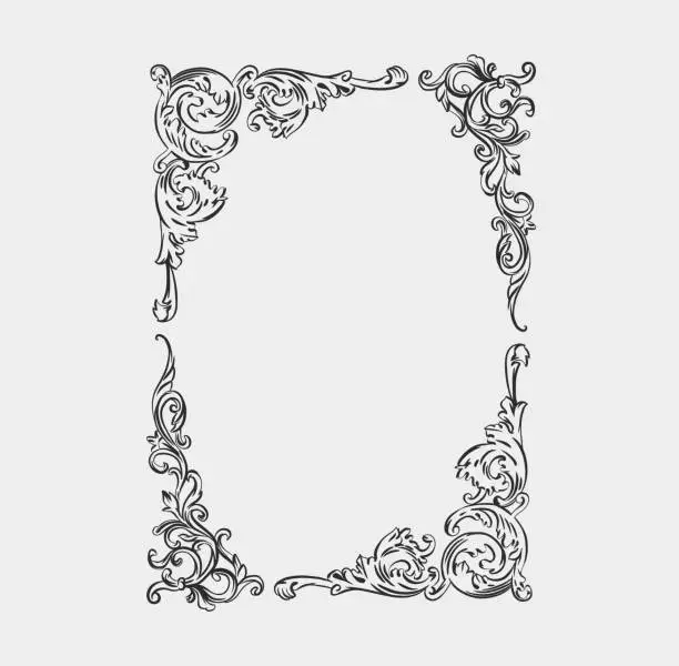 Vector illustration of Hand drawn vector abstract outline,graphic,line art vintage baroque ornament floral frame in minimalistic modern style.Baroque floral vintage outline design concept.Vector antique frame isolated.