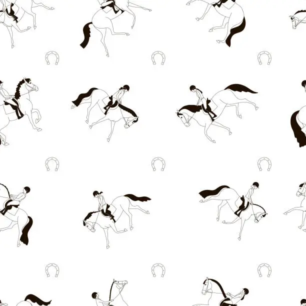 Vector illustration of Seamless black and white vector pattern, young riders on horses and ponies
