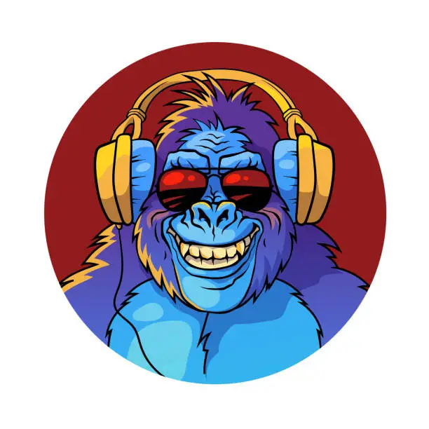 Vector illustration of Smiling gorilla in headphones and sunglasses, vector illustration